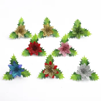 1 бр. мини-изкуствена коледна цвете, пластмасови зелени листа, блестящ пудровый цветя за коледната елха, вечерни, украсени с изкуствени цветя