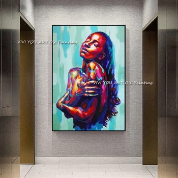 100% Ръчно рисувани Живопис с маслени бои на фигурата секси жени в Накаэд на синьо платно Професионален художник За декорация на стените у дома В подарък