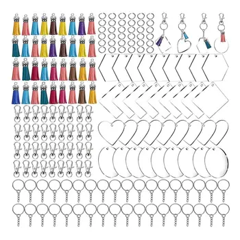 200шт Акрилни заготовки за ключодържатели с пискюли, набор от насипни куки-ключалки, мини-кисточек, преходни пръстени за занаяти и подаръци за партита