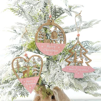 2024 Весела Коледа, Дървена Куха висулка, Креативна Коледно дърво, рисувани от розова боя, Висящи бижута, Старинни занаяти, изработени от дърво, Окачване, Подаръци