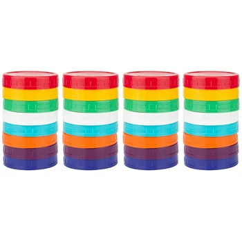 32 Опаковане на пластмасови капачки за буркани Mason - Цветни капачки за буркани Mason 100% Съвместими с буркани Топка Kerr Wide Mason (с широко гърло)