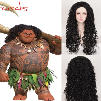 3544 Xi.Rocks аниме Филм Moana Мауи Cosplay Черна Къдрава перука за ролеви игри на Хелоуин Синтетични Дълга коса