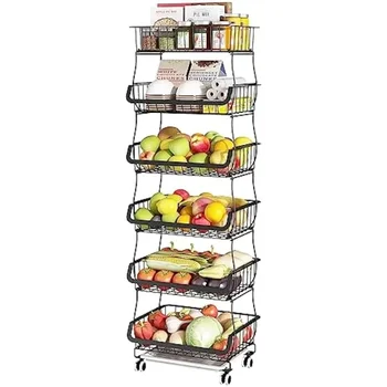 6-ярусная кошница за плодове и зеленчуци, метална кошница за съхранение, Органайзер, Универсална количка на колела