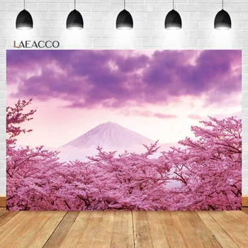 Laeacco Японската череша Цвете сакуры Храмова планината Фуджи Розов пейзаж интериор Фон за портретна фотография възрастни