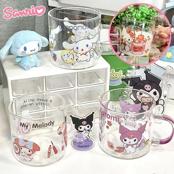 Sanrio Hello Kitty Melody Kuromi Чаша за Вода с Дръжка на Женска Детска Скъпа Мультяшная Стъклена Чаша За Закуска, Мляко, Сок, Чай, Кафе