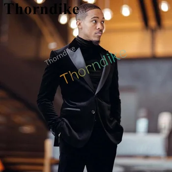 Thorndike 2022, Нестандартен размер, Модерен стил, Черно кадифе смокинг на младоженеца, лацканы, мъжки костюм, Луксозен сватбен блейзър от 2 части