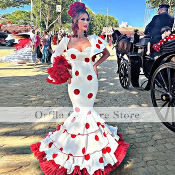 Бяло-червена вечерна рокля за фламенки с дълги ръкави, пола на точки, Испански рокли за абитуриентски бал, рокли за официални партита