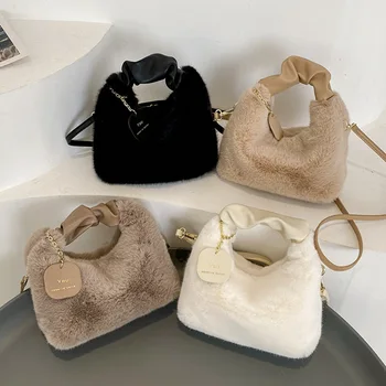 Дамски мек плюшен чанта през рамо, нова мода в есенно-зимната корейската версия, лесна чанта през рамо за пътуване и пазаруване