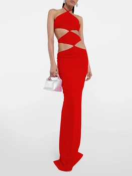 Дамски модни 2023, секси червена кух червено Maxi-дълга бандажное рокля с отворен гръб елегантна рокля за парти в нощен клуб на известни личности