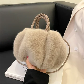 Дамски чанти, дизайнерски луксозна чанта зимен тренд, пухкави дамски чанти-тоут, тканая дръжка за носене, малки мини чанта през рамо