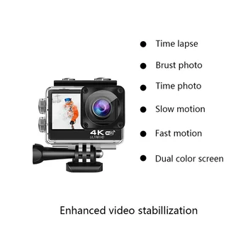 Екшън-камера, WiFi с разделителна способност от 4K от 60 кадъра в секунда, DV камера със защита от треперене, двойно екрана 170 °, широкоъгълен 30-метров водоустойчива спортна камера