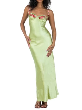 Жена дебнещ дълга рокля с бродерия на цветя без ръкави на спагети презрамки-спагети един Коктейл рокля за парти лято Клуб, Дебнещ рокля