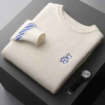 Зимна нов пуловер от 100% чиста вълна, мъжки бродирана мек пуловер, риза голям размер, ежедневни топло кашмир трикотажная долна риза