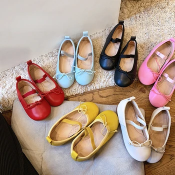Кожени обувки за момичета, детски обувки с ярки цветове, на Пролет 2023, Нова проста однотонная ежедневни обувки, класически обувки на принцесата с лък, Обувки Gril