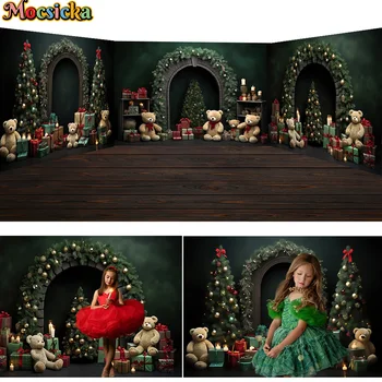 Коледа Рим, Коледно Дърво, Камина, плюшено Мече, Подарък Декор, Зелен Фон за Фотосесия в Ретро стил, Детски портрет, Подпори за фото студио