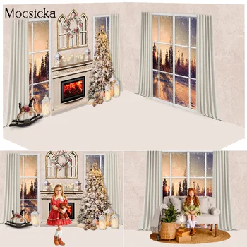 Коледен фон за снимки в една стая с прозорец, Студиен Камина, на Фона на рождения ден на Зимния Сняг залез, детска портретна фотосесия