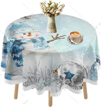 Коледна кръгла покривка на 60-инчов снежен човек, покривката с снежинками, устойчив на бръчки и петна, покриващи масата за коледната декор за пикник