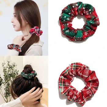 Коледни Модни дъвка за коса, Изпъстрен модели за жени и момичета, аксесоари за каучук под формата на снежинки, Червено-Зелената мрежа, търговия на Едро
