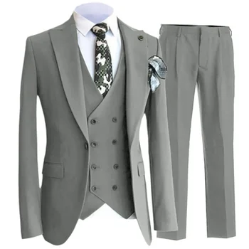 Комплект от 3 теми, костюми, жилетка, панталон/Модни Нови Мъжки Ежедневни Бутиков бизнес Обикновен костюм за младоженеца на сватбата, двубортный жилетка