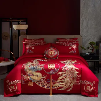 Луксозен комплект спално бельо от червен китайски египетски памук с бродерия на Златния дракон и Феникс, пухени с пискюли, чаршаф, Калъфки за възглавници
