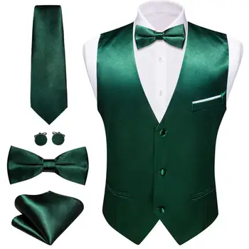 Луксозен копринен елек за мъже, зелен монофонични жилетка, комплект с папийонка, Сватбена бизнес яке без ръкави, Мъжки костюм Бари Уонг