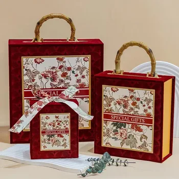 Луксозни Квадратни кадифе, подаръчни кутии с бамбукова дръжка, Декоративна опаковка за бонбони, подарък кутия за душата на детето, Сватбена кутия за мъкна