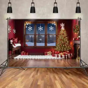 ЛУНАТА.QG Фона на Коледна елха Прозорец Фон за снимки партита Червената стена Снежинка Подарък Венец Снежна гора Домашно студио Подпори