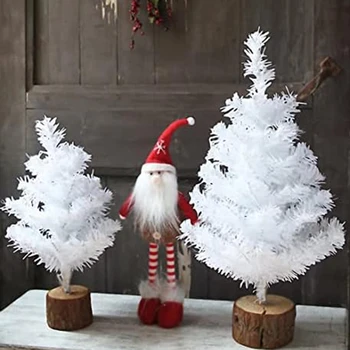 Мини коледно дърво за маса, бели коледни елхи, Малко коледно дърво с дървена основа за работния плот, домашен Коледен декор, трайни