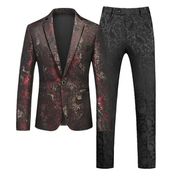 Модерен Брендовый мъжки жаккардовый костюм от 2 части, черен / червен / син, мъжки бизнес, светски, сватба, оборудвана сако, яке и панталони