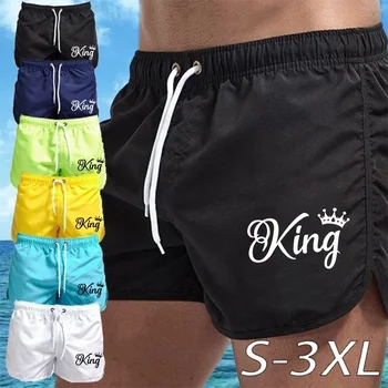 Мъжки летни шорти, бързосъхнеща плажно облекло, спортни плътно прилепнали къси панталони с принтом King, ежедневни панталони с еластичен ластик на талията, Новост за мъжете 2024