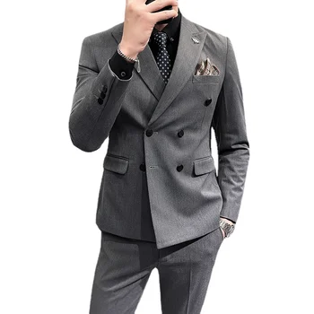 Нов есенен мъжки костюм корейската версия, двубортный оборудвана бизнес професионален костюм, сватбен костюм-двойка (палта + панталони)