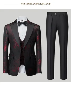 Нов комплект жаккардовых костюми за мъже, червен костюм на джентълмен, сватбената рокля на булката, бизнес и ежедневни мъжки костюми, Сако + жилетка + панталони