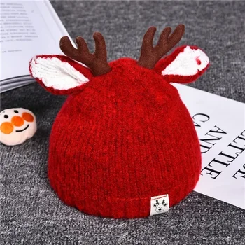 Новият сладък Ветрозащитный детски вълнен вязаный пуловер, шапка с оленьими рога, Коледна топла шапка за деца