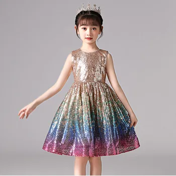 Ново детско рокля без ръкави за източници на децата, дрехи принцеса, кратко празнична коледна рокля от градиентной окото с пайети за момичета
