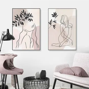 Плакат с гола жена в минималистичном стил, абстрактен а едноредово арт принт, Неутрална живопис върху платно, модерна стенни картина, домашен интериор в стил бохо в спалнята