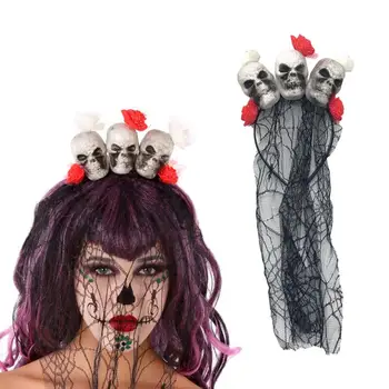 Превръзка на главата с черепа на Хелоуин и вуалями от паяжината, забавен панделка за коса с череп в стил хорър, Маскарад, cosplay, подпори за партита, костюм за Хелоуин