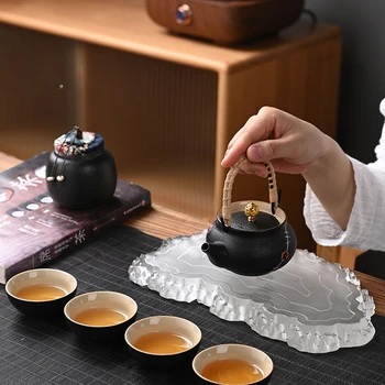 Преносима реколта черна керамична чаша за бързо приготвяне, един чайник, четири чаши, пътен чаен комплект керамични подарък, резбовани дървена кутия