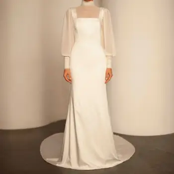 Прости, прозрачни Сватбени рокли с кръгло деколте и дълги ръкави-фенерчета, Илюзия на облегалката, Стилна рокля-калъф за поръчка SWD912