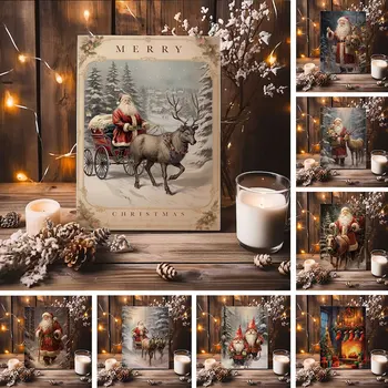 Ретро Дядо Коледа се Движи към своята количка, пълна с подаръци, Плакат с Коледа, печат върху платно, Стенни художествени картини, домашен декор