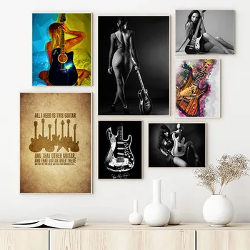 Ретро-китара и портрет секси жени, платно, плакат, Бас китара, полуобнаженные момиче с китара, картина за вашия интериор дневна