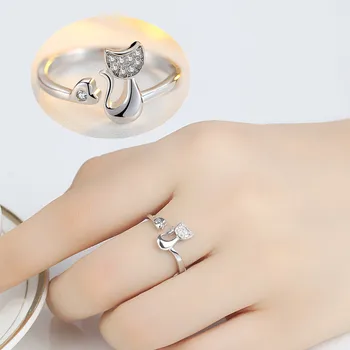 Розово злато, Красивият пръстен във формата на котка, Прозрачен кристал, инкрустирани CZ, Женски Пръстен за момичета, Регулируем Размер, Вечерни Украса