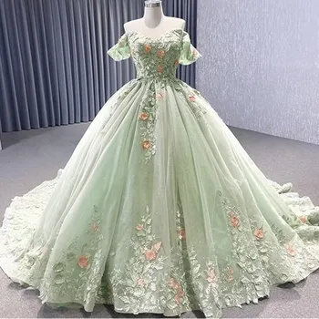 Светло зелена топка принцеса рокля с открити рамене, пищни рокля, расшитое мъниста, празнични халати за баня с аппликацией Mariee De, выпускное рокля