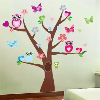 Сладки Совята Пеперуда на Цвете Дърво Стикер На Стената За Декорация на Детска Стая Спални Карикатура на Животните Стенно Изкуство PVC Плакати Стикери За Дома