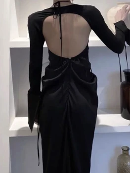 Френското ретро Черна рокля на подтяжках Женски 2022 Ново Пролетно-лятна рокля с темперамент, Тънка пола със средна дължина