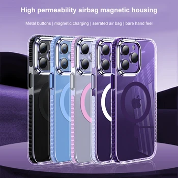 Цветно метален пръстен въздушна Възглавница Магнитен калъф за телефон iPhone 14 15 Плюс 13 14 15 ProMax с неплъзгащи кант Прозрачен защитен калъф