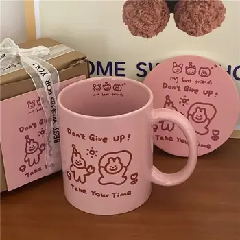 Чаша от сърце за корейски момичета, Керамична чаша с розово зайче, Подарък кутия за двойка, Подарък за бала, Домашна чаша за вода, подарък за рожден ден