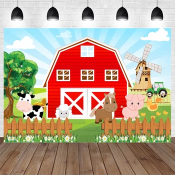 Червен фон ферма за момче, момичета, крави, овце, животински, на детето, на фона на картина, като на партито по случай рождения Ден, на банер, Фото зелен трактор