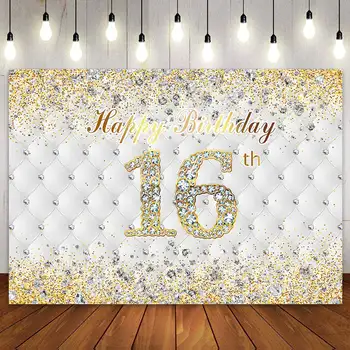 Честит 16-ти Рожден Ден Декорация на Партита Фон Банер Златни и Бели Точки Диаманти за Момичета на 16 Години Фон За Снимки