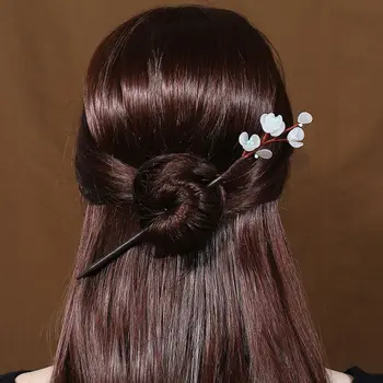 Щипки за коса Hanfu за рокли от цветя стъкло, 1 парче, Дървена шнола за коса, Пръчки за коса, Вилица за коса