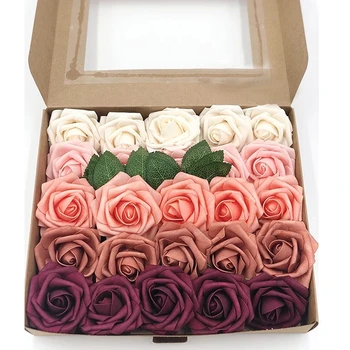 1 Хартиена кутия 25 бр. и 4 бр. листа и Букет от изкуствени рози 